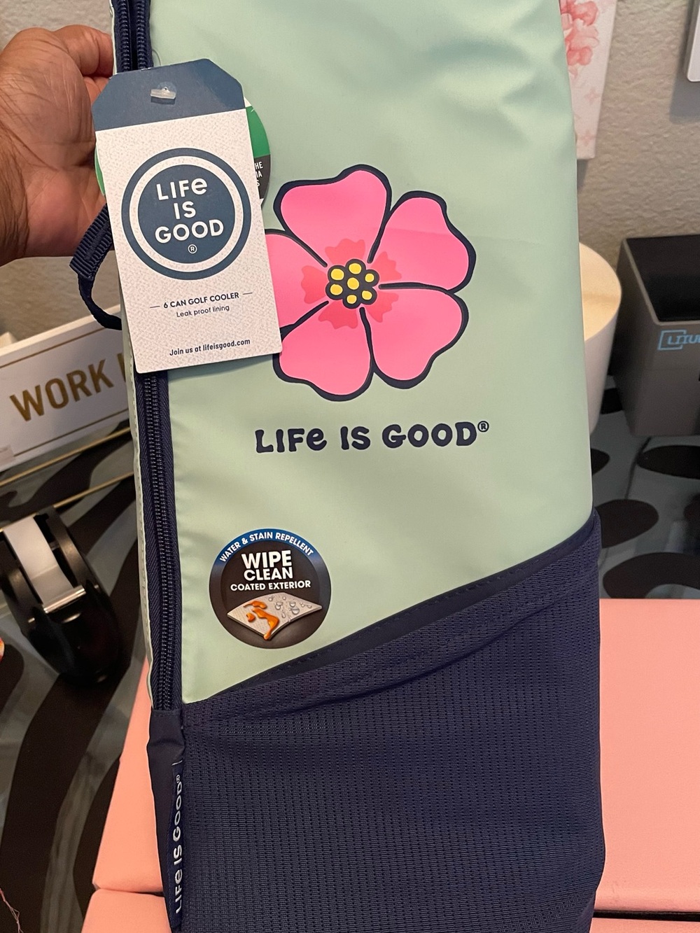 Life Is Good Mint Green Travel Cooler Bag with Pink Flower and Navy Trim NEW